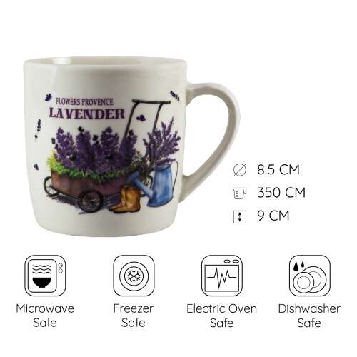 Fehér porcelán bögre levendula mintával, 350 ml űrtartalommal, mikrohullámú sütőben, fagyasztóban, elektromos sütőben és mosogatógépben mosható