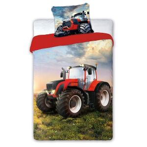 Set lenjerie de pat Traktoros cu tractor roșu imprimat, include husă de pilotă și față de pernă - Nonbrand Lenjerie de pat - tineri și adulți