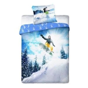 Bavlnená posteľná bielizeň s motívom snowboardu s obliečkou na prikrývku a vankúšom so snowboardistom v akcii. - Posteľné prádlo - pre mládež a dospelých