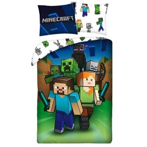 Súprava obliečok Minecraft s postavami Steve, Alex, Creeper a Enderman. Oficiálne licencovaná obliečka na paplón a obliečka na vankúš Minecraft. - Posteľné prádlo - pre mládež a dospelých