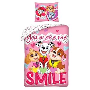 Set lenjerie de pat Paw Patrol - Smile - Pink. Lenjerie de pat pentru copii cu Skye, Marshall și Rubble. - Lenjerie de pat - tineri și adulți