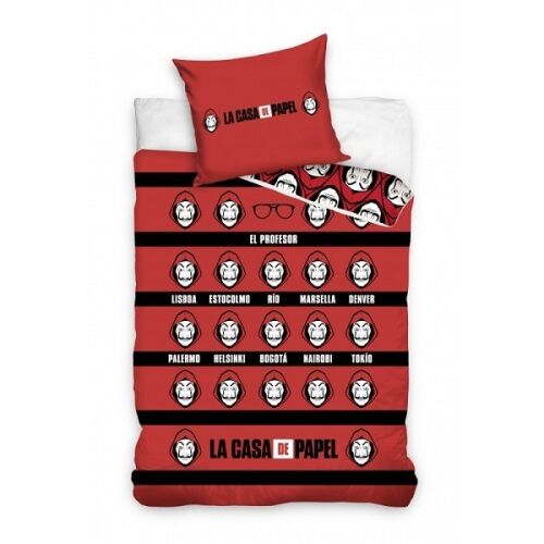La Casa de Papel bedding set 160x200 with character names and Dali masks
