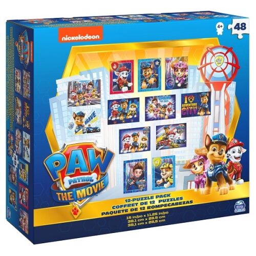 Paw Patrol The Movie 12-Puzzle Pack, featuring Chase, Marshall, and other characters, for ages 4+