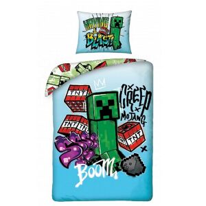 Set lenjerie de pat Minecraft 'Having a Blast', cu design Creeper și bloc TNT. - Lenjerie de pat - tineri și adulți