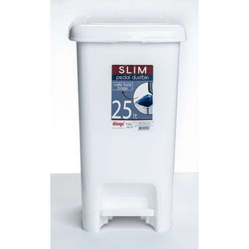 Fehér 25 literes Slim pedálos szemetes, Dimo márka, biztonságos zár, erős