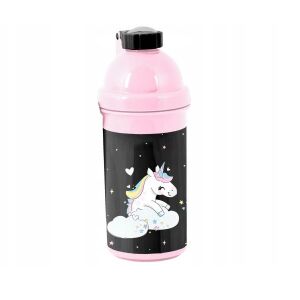 Paso Unikornis Kulacs Lányoknak, 550ml, Rózsaszín Tető, Fekete Test Unikornis Mintával - Paso