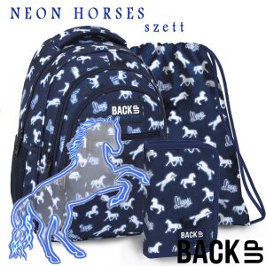 Školský set BackUp Neon Horses pre dievčatá, obsahuje ruksak, peračník a vrecúško na telesnú výchovu - Derform