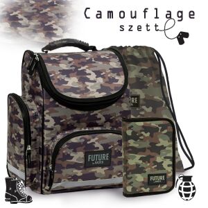 Školský set Future by BackUp Camouflage - Ergonomický batoh, peračník a vrecúško na telesnú pre chlapcov - Derform