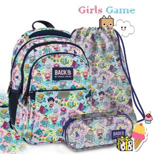 Set ghiozdan școlar BackUp Girls Game cu rucsac, penar și sac de sport cu un design jucăuș de desene animate pentru fete - Derform