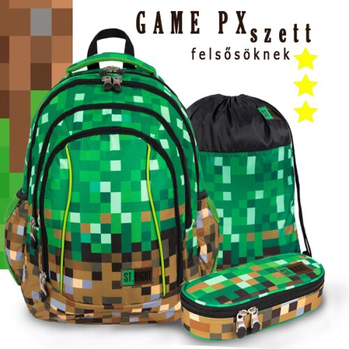 St. Right Game PX School Bag Set 43 cm - Minecraft Pixel Design Backpack, Pencil Case, and Gym Bag