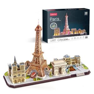 CubicFun City Line Paríž 3D LED puzzle, s Eiffelovou vežou, Víťazným oblúkom, Notre Dame a Louvre - CubicFun