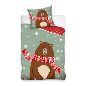 Winter themed bedding set with brown bear print, includes duvet cover and pillowcase - Carbotex Bedding - Youth and Adult