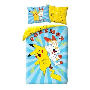 Posteľná bielizeň Pokemon s Pikachu a Scorbunny. Obsahuje obliečku na prikrývku a obliečku na vankúš. - Posteľné prádlo - pre mládež a dospelých