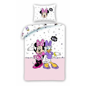 Set lenjerie de pat Minnie Mouse și Daisy Duck, 140x200 cm, cu personaje de desene animate pe fundal alb cu stele - Lenjerie de pat - tineri și adulți