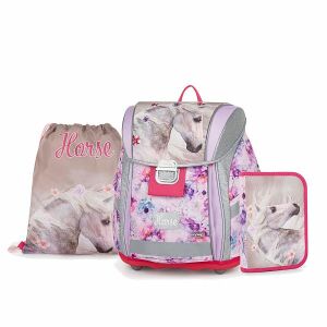OXYBAG lovas FLOWER school bag set with horse design, including backpack, pencil case, and gym bag - School bag set