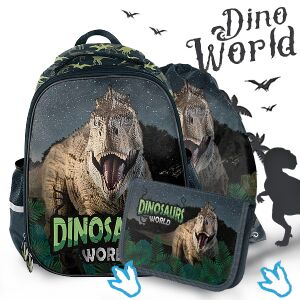 Paso Dinosaurs World ergonomikus iskolatáska szett T-Rex mintával, hátizsákkal, tolltartóval és tornazsákkal. - Paso