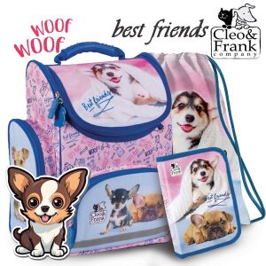 Set rucsac ergonomic Cleo & Frank Best Friends cu design cu câini, incluzând rucsac, penar și sac de sport - Derform