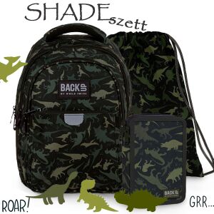 Školský set BackUp Shade s dinosaurom, ergonomický batoh, peračník a vrecúško na telesnú výchovu - Derform