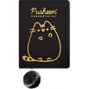 Pusheen Cat fekete plüss napló arany cica mintával és pompom könyvjelzővel - Napló