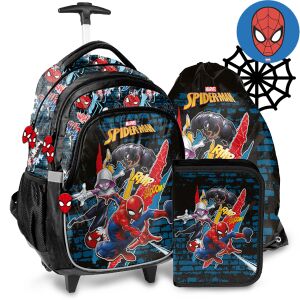 Paso Pókember Gurulós Iskolatáska Szett - Pókverzum design Pókemberrel, Gwen-nel és gonosztevőkkel. Tartalmaz gurulós iskolatáskát, tolltartót és tornazsákot. - Paso