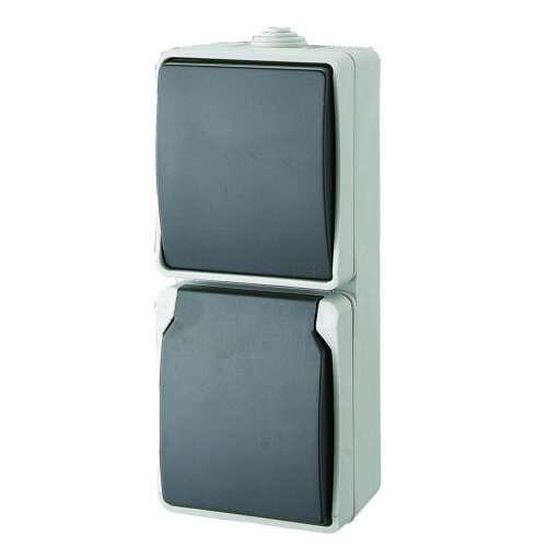 AQUATOP 9878H Out-of-wall change-over switch and socket-outlet, 1 rocker, 1 socket, vertical position, 10 A/16 A, IP54, grey