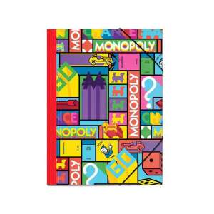 Monopoly A4 mappa színes mintával, a játék ikonikus elemeivel, mint a Monopoly tábla, házak, szállodák és a Monopoly logó. - Irattartó mappa