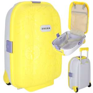 Yellow kids suitcase with stickers, Julka brand, 43x30x19cm, 4 wheels, telescopic handle, open and closed view - Kids' Suitcase