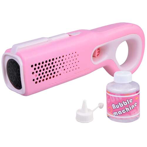 Pink bubble gun with bubble solution, light effects, and a white handle