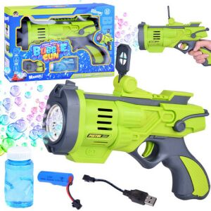 Collage of Green Bubble Gun Pistol in Use with Packaging and Accessories - Bubble Blower