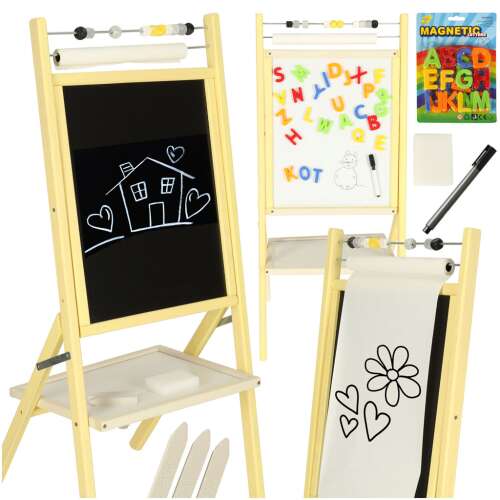 Double-sided chalkboard with magnetic whiteboard, paper roll, and accessories for kids