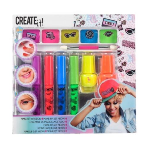 Create It! Neon Smink Szett lányoknak, 7 darabos, neon szájfénnyel, körömlakkal és szemhéjpúderrel, tökéletes kreatív játékhoz és öltözködéshez - Canenco