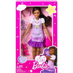 Moja prvá Barbie bábika s hnedou pokožkou a fialovými šatami v balení - Mattel Baba