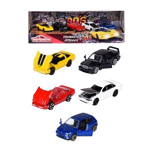 Majorette Youngster 90s Giftpack, 5-piece diecast car set featuring Chevrolet Corvette, Mercedes-Benz, Nissan Cefiro, Renault Clio models - Majorette