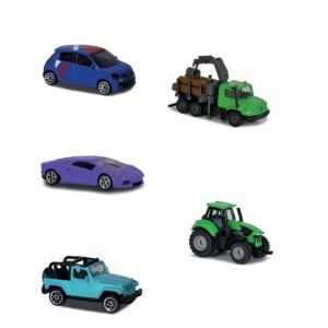 Majorette Street Cars 5 darabos készlet: Kék autó, Lila Lamborghini, Zöld rönkszállító, Zöld traktor, Kék Jeep - Majorette