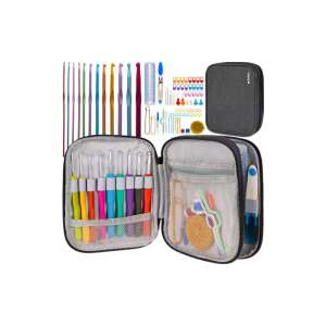 86 darabos horgoló készlet praktikus tokban, vonalzóval, ollóval, biztosítótűkkel, további hasznos kiegészítőkkel