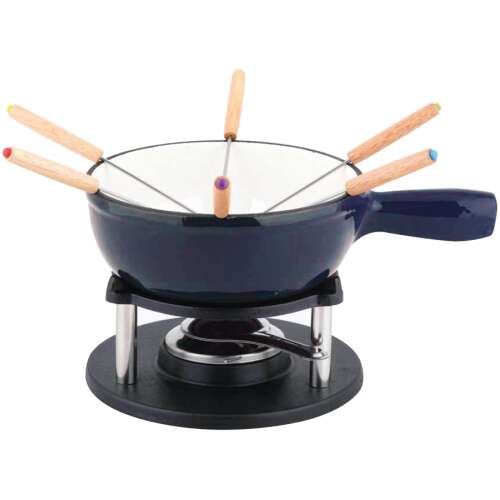 Carl Schmidt Sohn Alpen blue enamel cast iron fondue set with 6 forks and burner