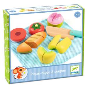 Djeco Picnic to Cut pretend play food set, wooden toy food for kids, includes bread, tomato, apple, muffin and knife - Toy kitchen tool