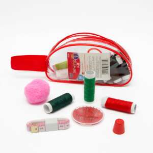 Sewing kit with needles, thread, thimble, scissors, and tape measure in a red carrying case - Sewing Kit