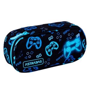 Astra Go Playing Gamer Tolltartó - Ovális, fekete tolltartó kék játékvezérlő mintával - Astra