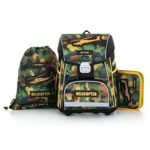 OXYBAG camouflage school bag set with helicopter design, including backpack, pencil case, and gym bag - School bag set