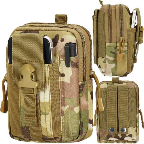 Springos tactical belt bag, camo, multiple pockets, phone holder, zipper closure, multiple views