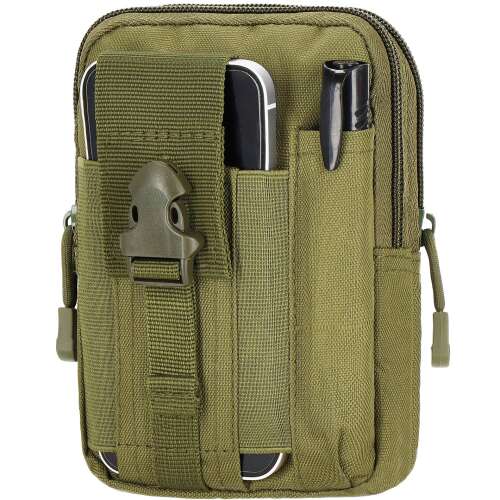 Springos tactical belt bag, olive green, with zipper closure, multiple pockets, and adjustable belt