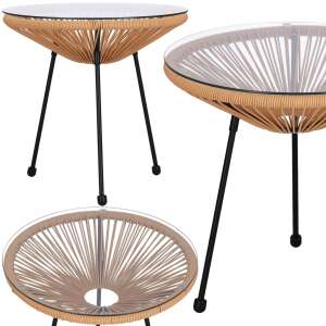 Springos garden table with glass top and beige rattan frame, 3/4 view, collage - Garden Table