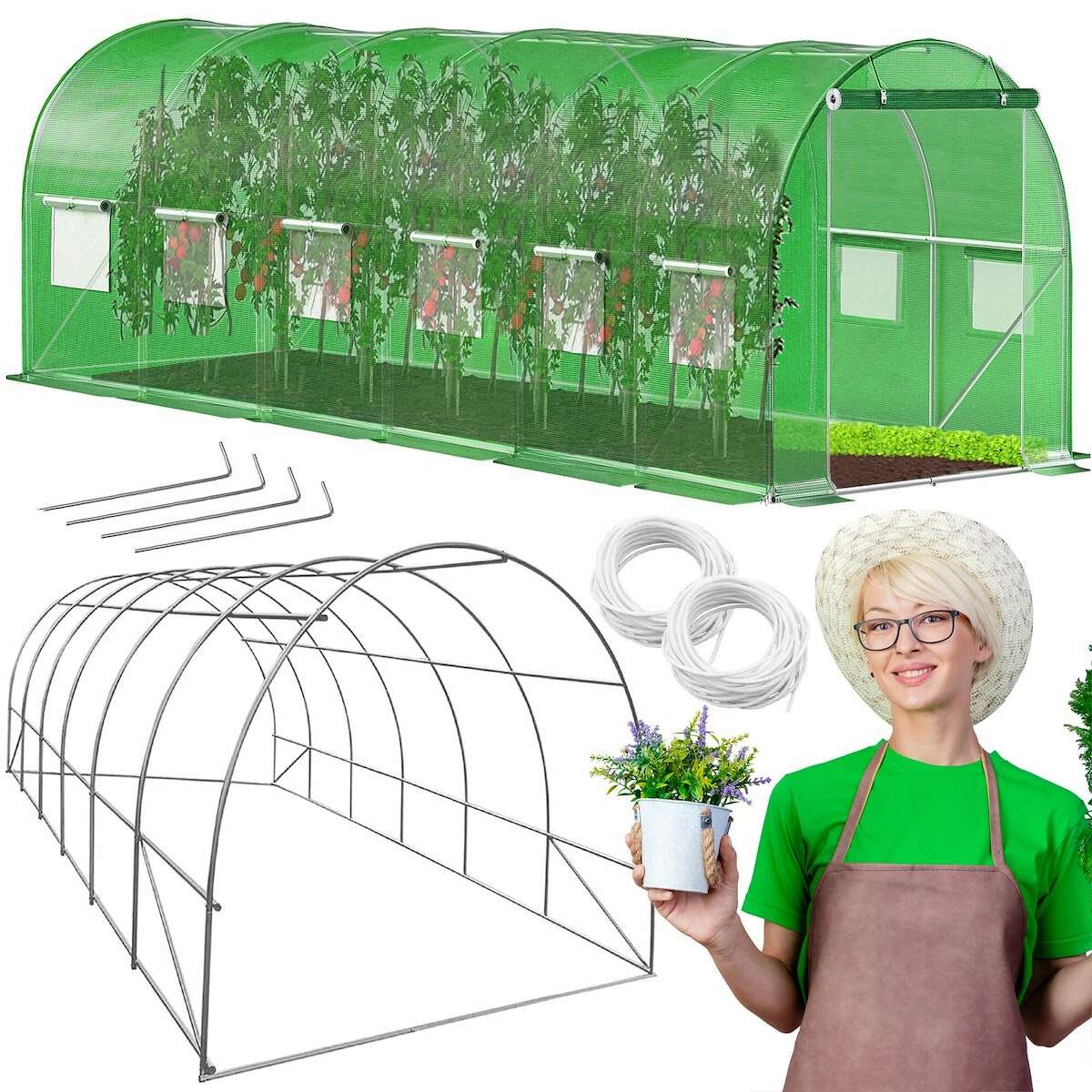 Springos kerti Fóliasátor 6x3x2m 140g/m², UV szűrővel - Zöld