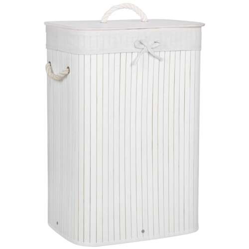 White bamboo laundry hamper with lid and rope handles