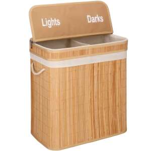 Cos de rufe din bambus cu capac, 2 compartimente, sac detasabil, volum 100L, 53x32x62cm, maro