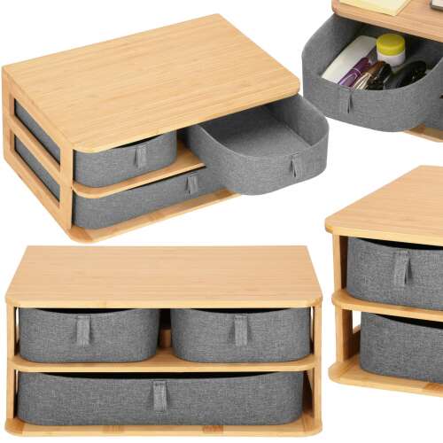 Springos bamboo desk organizer with 3 fabric drawers, angled view