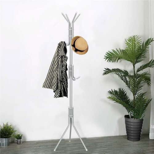 Springos standing clothes rack with 12 hooks, grey, metal, 3 tiers, for coats, jackets, hats, scarves, bags, and more