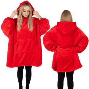 Springos oversized blanket hoodie, red with white fur inside, front and back view - Women's Sweater
