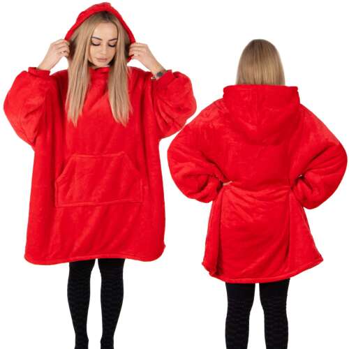 Springos oversized blanket hoodie, red with white fur inside, front and back view